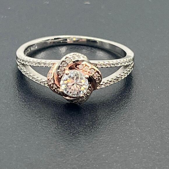 IBB CN 925 Rose Gold Vermeil CZ Two Tone Floral Love Knot Ring Sz 8 - Picture 3 of 8